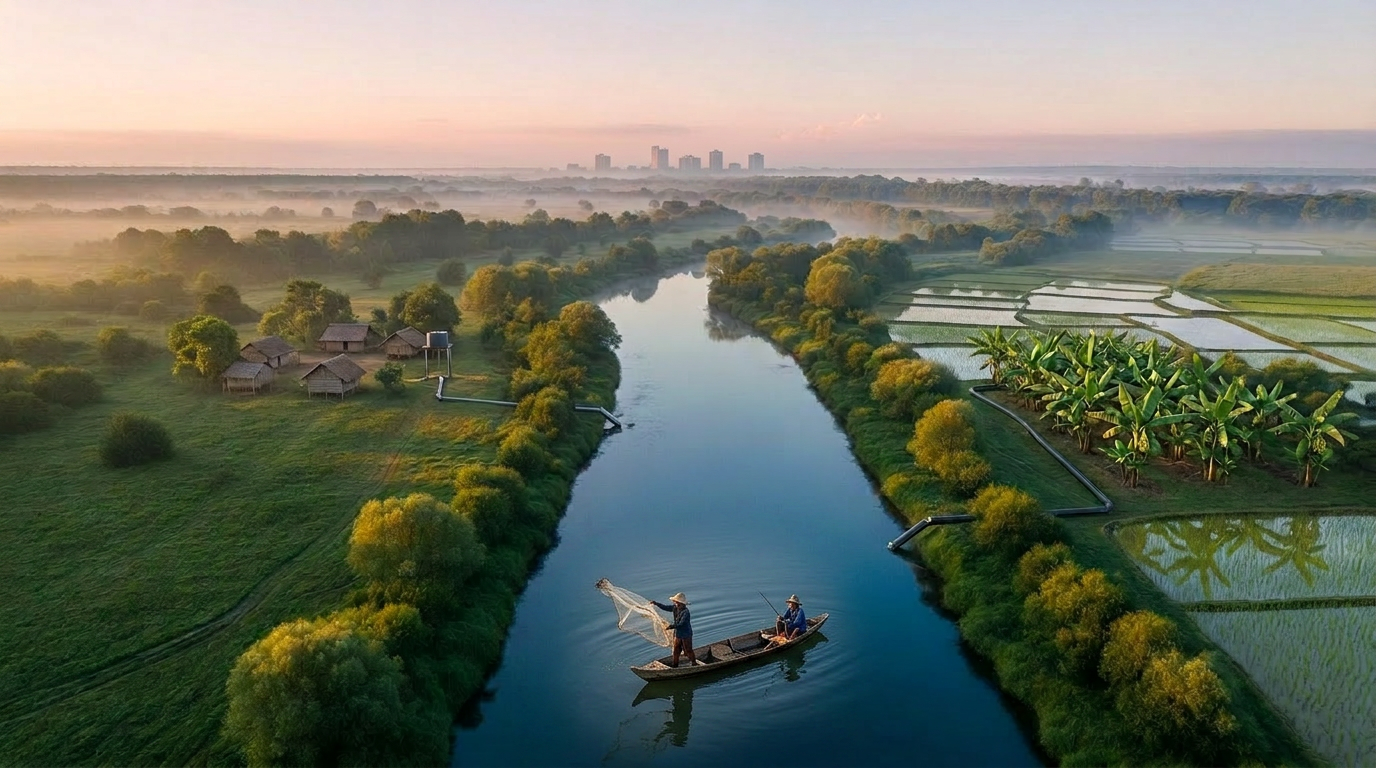 Aerial view of a winding river through green landscape at dawn